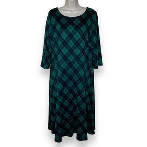 Sandra Darren Plaid Midi Dress Green Black Round Neck 3/4 Sleeve Lined Women 16